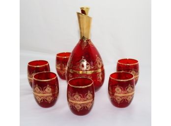 Murano Glass Decanter With Gold Painted Accents/Signed On The Bottom As Pictured 2003, A Beautiful Set!