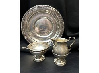 Sterling Silver Round Plate Plus Sterling Silver Sugar And Creamer