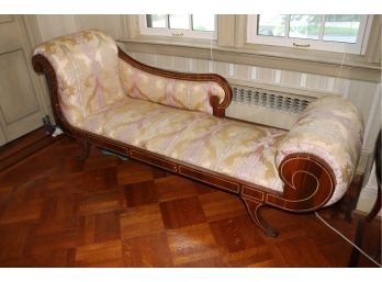 Elegant/Stylish Chaise With Inlaid Wood And Damask Upholstry.