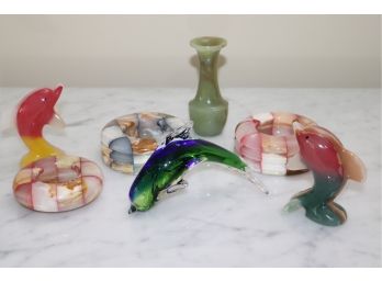 Polished Onyx Stone Ashtrays & Stone Dolphins Small Single Rose Vase & A Blown Glass Dol
