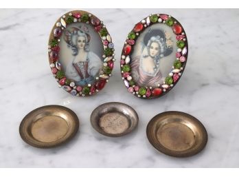 Beautiful Antique Portraits In Bejeweled Frames. And European Silver Tray.s