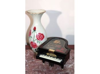 Ceramic Vase With Painted Roses & Small Music Box With 'Memories From Cats'