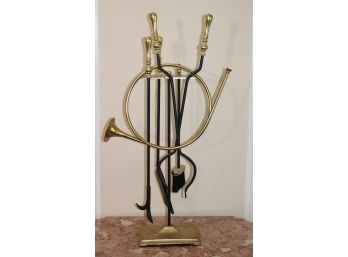 Heavy Iron Fireplace Set With Brass Handles Includes A Stand & Brass Bugle Horn Decor Accent