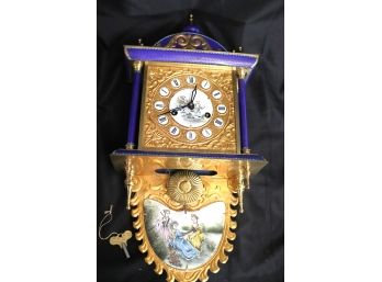 Beautiful French Enamel/Brass Wall Clock With A Porcelain Face, Includes Key