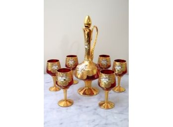 Gorgeous Hand Painted Murano Red Glass Wine Decanter Set Signed Bambini With 6 Glasses, Gold Leaf With Flor