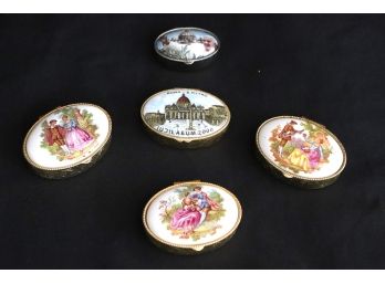 Collection Of Miniature Limoges Style Pill Boxes With Engraved Brass Cases & Porcelain Faces As Pictured,