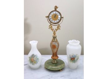 Frosted Portrait Vases With Scalloped Edges & A Unique Vintage Clock Piece Brass Cherub Crown/Dragon Han