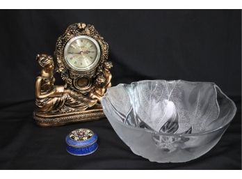 Pretty Frosted Fruit Bowl, Lis Henr Quartz Clock In A Bronze Like Finish & Small Blue Enamel Trinket Box