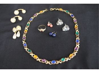 Collection Of Fashion Jewelry Includes A Pretty Multi Colored Necklace & Stylish Earrings As Pictured