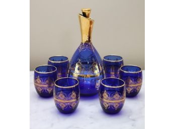 Cobalt Blue Italian Murano Glass Decanter With 6 Glasses
