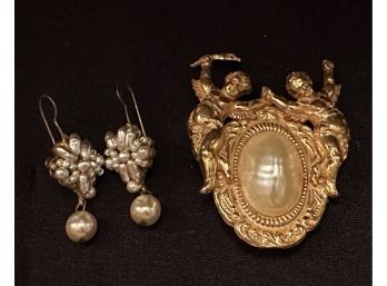 Miriam Haskell Seed Pearl Earrings And Cherub And L Baroque Pearl Pin Brooch