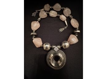 Chunky Rose Quartz And Antique Silver Necklace