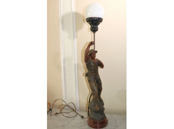 Mineur Pat J. Becox Vintage Patinated White Metal Lamp Of A Coal Miner, Seal Made In Paris
