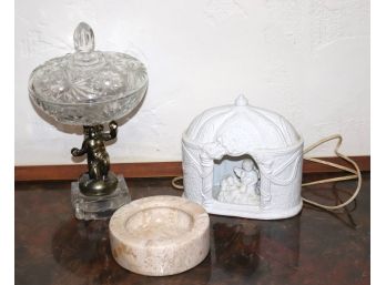 Art Nouveau Pedestal Candy Dish With Lid, Angel On A Manger Light, Polished Stone Ashtray
