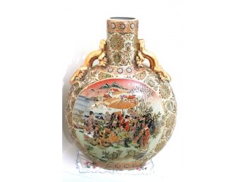 Large Hand Painted Asian Style Vase With Gold Tone Dragon Handles, Traditional Scenery Approx 14 X 20 Inche