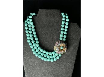 Heidi Daus Turquoise Beaded Necklace, Individually Knotted  With Flower In Crystal