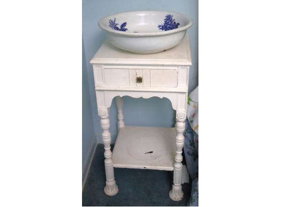 Vintage Wood Night Stand, Includes Large Wash Bowl Empire Trenton Tea Rose With Blue Floral Detail