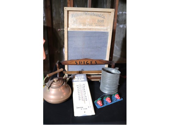 Vintage Collectibles Include A Washboard, Copper Kettle & Thermometer