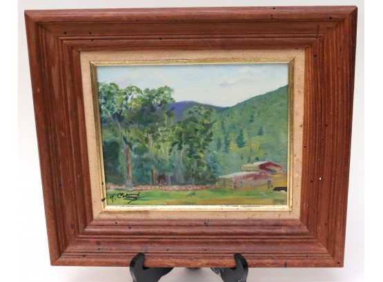 Vintage Signed Painting Of Barn In The Meadows On Board