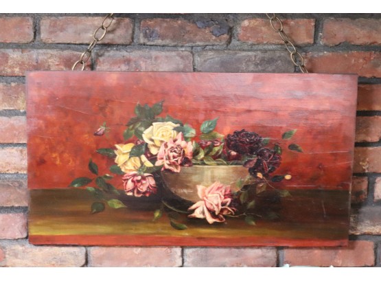 Painted Floral Still Life On A Wood Board