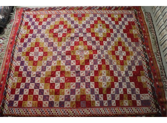 Vintage Hand-Woven Kilim Rug With Quilt Patchwork Like Squares In The Designs.  Amazing Detail Throughout