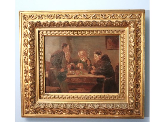 Antique Painting Signed By Eduard Gruetzner On Wood Panel In An Ornate Carved Wood Frame