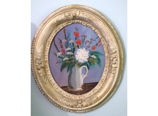 Painted Floral Still Life In A Distressed Wood Frame