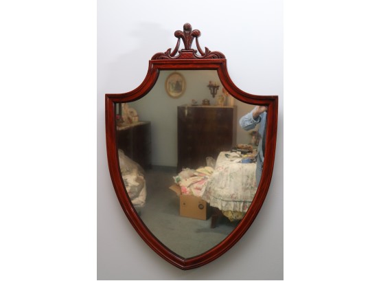 Carved Wood Wall Mirror In The Shape Of A Shield/Crest