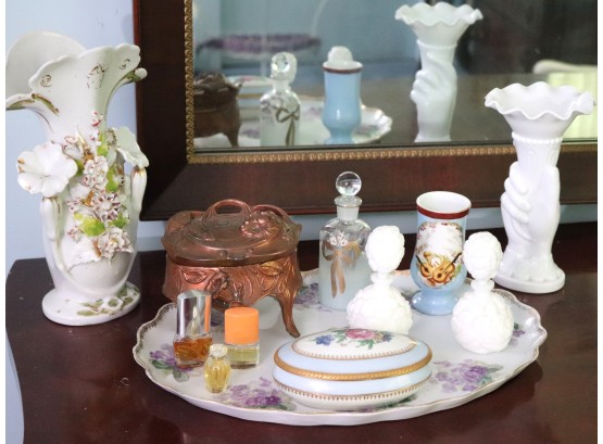 Hand Painted Vase, MT Limoges Hand Painted Box, Floral Tray, Perfume Bottles, Art Nouveau Copper Trinket
