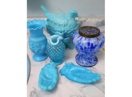 Collection Includes Vintage Fenton Glass/Carnival Glass, Small Vase, Blue Vase With Ruffled Edges