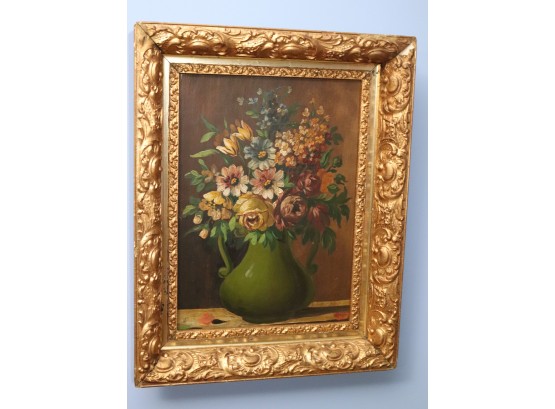Floral Still Life Painting On Board In An Ornate Wood Frame With A Gilded Finish