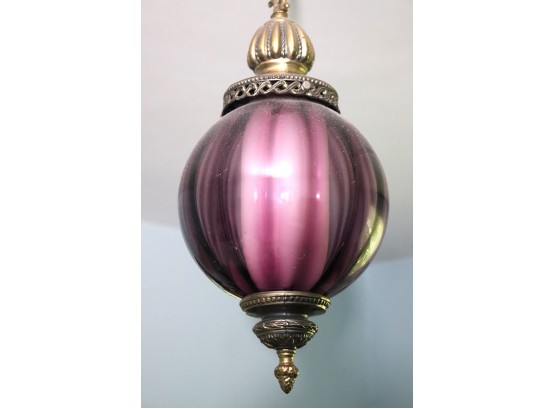 Vintage Pink Glass Pendant Light With Brass Accents