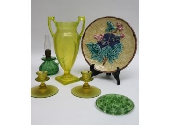 Vintage Uranium Glass Includes A Large Urn Vase With Handles, Small Frog Vase, Oil Lantern & Matching Cand