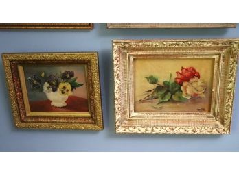 Vernon J. Viola 1960 Framed Floral Painting Of Roses On Board & Floral Still Life Of Purple & Yellow Flowe