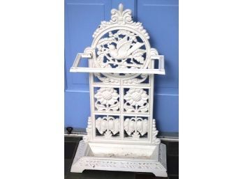 Heavy Antique Ornate Cast Iron Umbrella Stand Painted White With Morning Bird & Sunflower Design