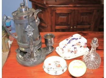 Grouping Of Antique Pieces Include Tilting Sheffield Water Pitcher, Rose Bowl, Butter Dish, & Cut Crystal