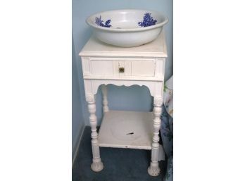 Vintage Wood Night Stand, Includes Large Wash Bowl Empire Trenton Tea Rose With Blue Floral Detail
