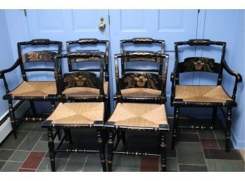 6 Hitchcock Signed Rush Chairs With Gold Leaf Detailing Of Fruits And Bounty, All Chairs Are Signed On Th