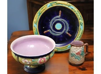 Three-Piece Majolica Collection Includes A Plate, Pedestal Bowl, Pitcher