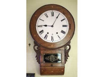 Vintage Wood Wall Clock With Inlay Detailing Includes A Key