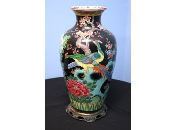 Tall Vintage Hand Painted Asian Style Ceramic Vase On An Ornate Metal Stand