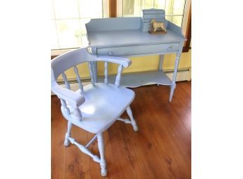 Vintage Painted Blue Dry Sink Includes A Painted Wood Chair With Armrest
