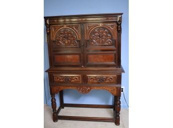 Antique Highboy With Beautiful Carved Wood Detailing On Doors, Inlay Triangular Design Across Top, Qualit