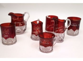 Antique Etched Cranberry Glass With Assorted Dates Includes Pitchers & Glasses