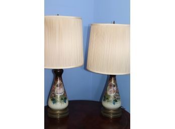 Pair Of Beautiful Hand Painted Portrait Lamps With A Beautiful Floral Design