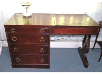 Vintage Irwin Wood Desk With A Leather Top And Harp Side Rail. Includes A Small Hand Painted Lamp