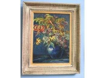 Floral Still Life In Frame Painted On Board