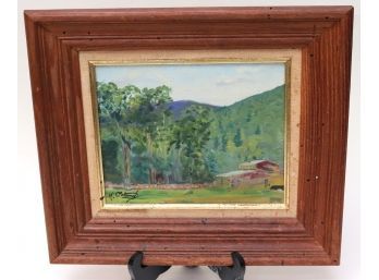 Vintage Signed Painting Of Barn In The Meadows On Board