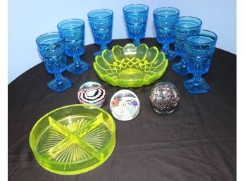 Collection Of Vintage Glass, Blue Water Glasses, Snack Dish, Bowl With Scalloped Edges Includes 3 Pretty A