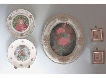 Framed Floral Rose Print 2 Small Hand Painted Floral Paintings Measures Royal Doulton Wall Plate Silent N